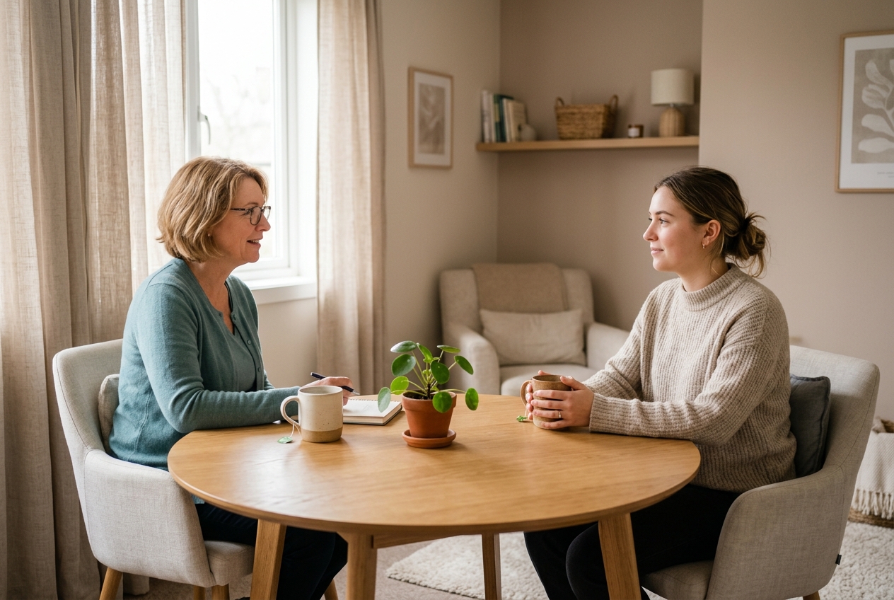A compassionate counselor listening with unconditional empathy in a safe Toronto sanctuary space