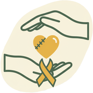 Minimal icon of two protective hands holding a golden heart with a small healing stitch and a subtle domestic-violence awareness ribbon, on a soft cream background blob.