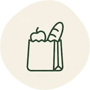Emergency food assistance icon with food symbol, Apple, bread in a bag