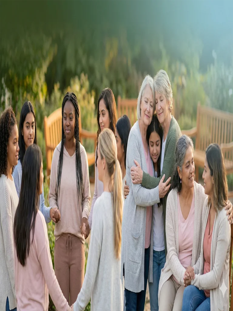Diverse women and girls standing together in a supportive community setting.