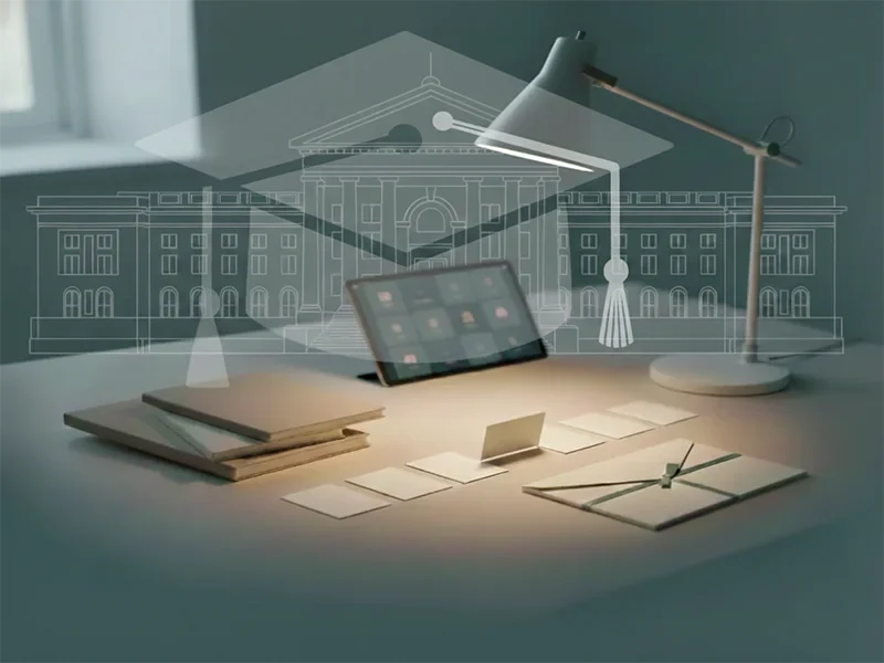 Education building support scene with a calm study desk, lamp light, and blank step cards leading to a certificate envelope.