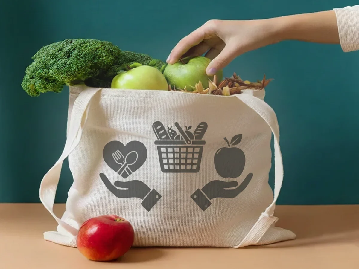 A reusable grocery bag filled with fresh food, representing emergency food and food support for women and youth.
