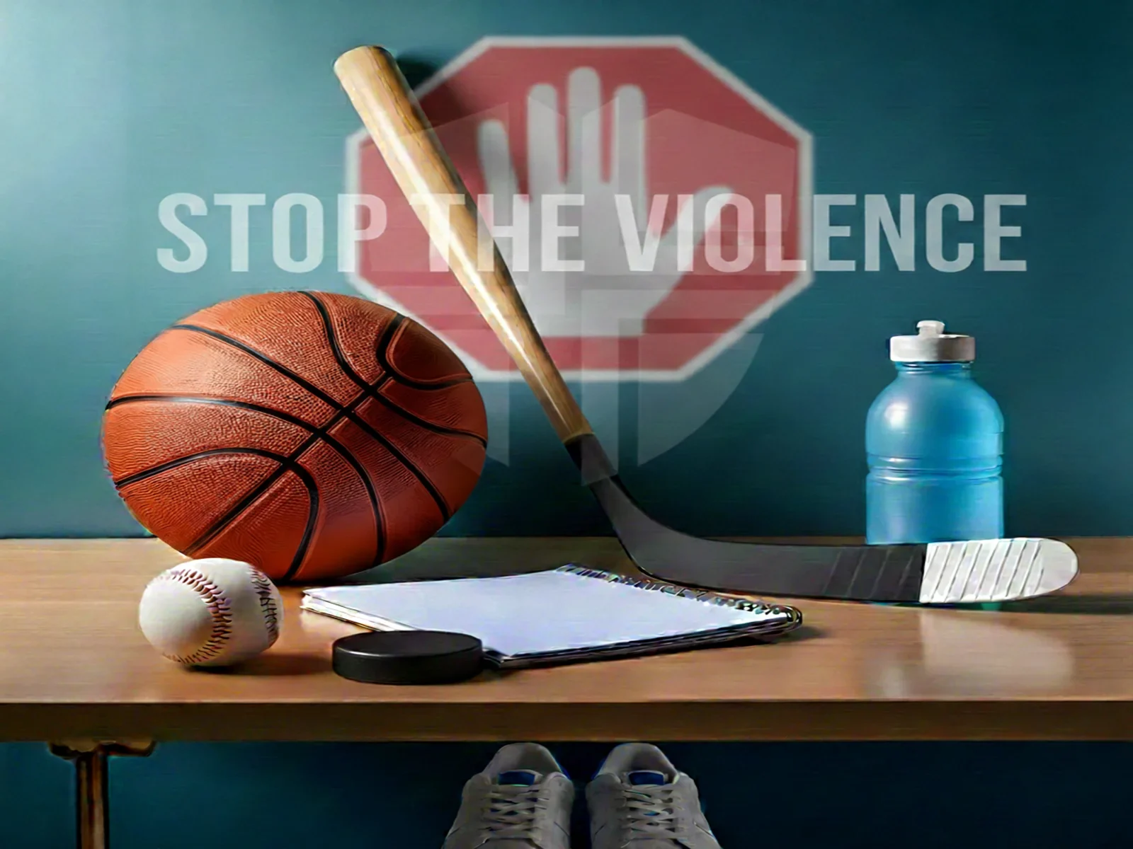 Sports gear on a table with a stop sign graphic in the background, symbolizing youth violence prevention support in Toronto.