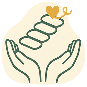 Support programs and services icon showing caring hands lifting a heart, representing empowerment and healing