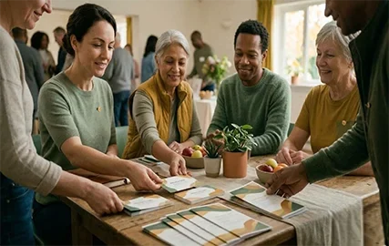 Volunteers and community members gather around an outreach table with resource materials in a bright, welcoming space.