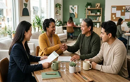 Community support meeting with a service coordinator and two community members reviewing a resource sheet and shaking hands.