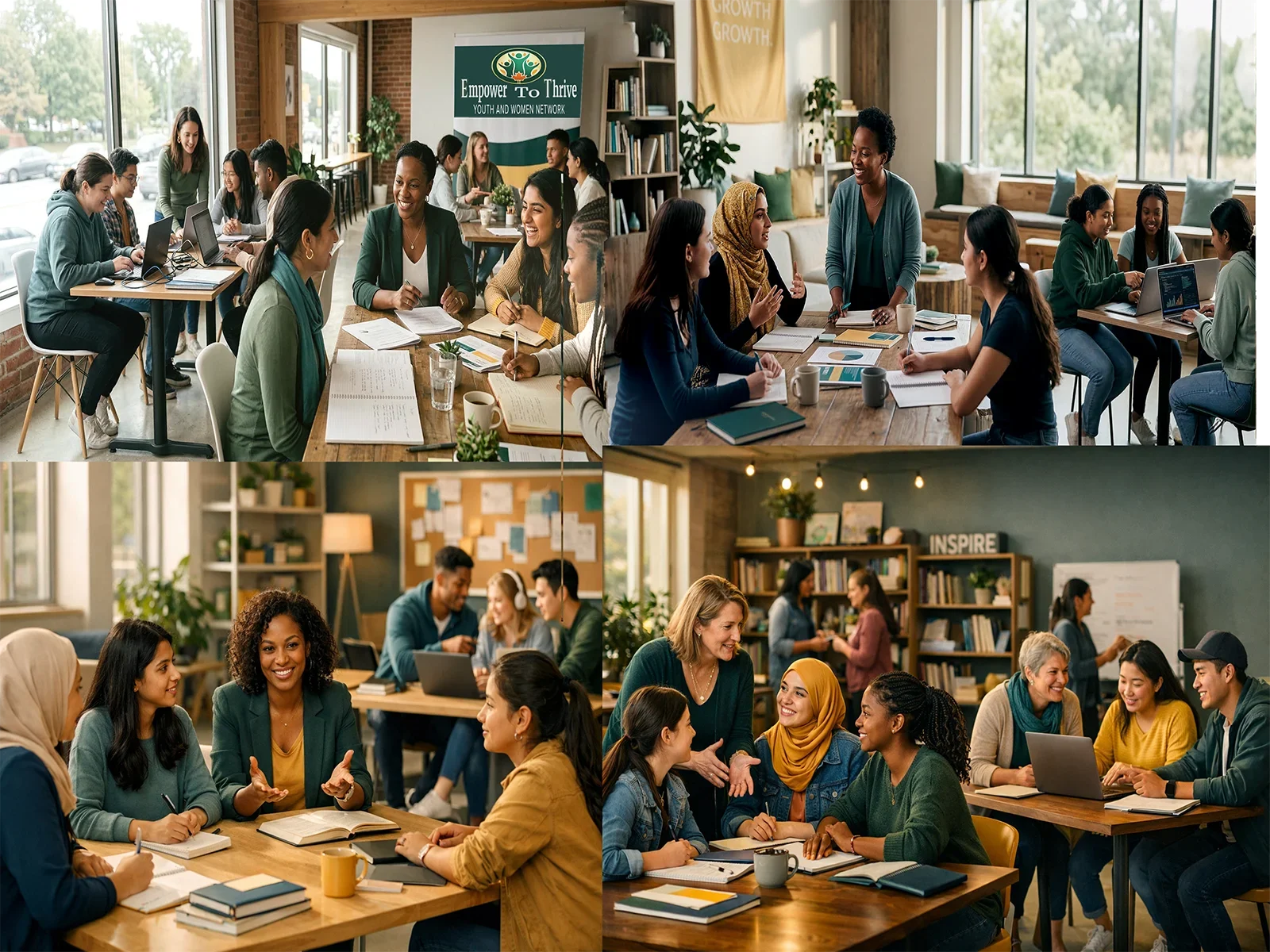 Women, youth, and mentors gathered in a welcoming community workshop space, representing mentorship, skill development, and support programs.