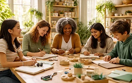 Women and youth learning together at a table with notebooks and hands-on materials during an education and skills-building session.