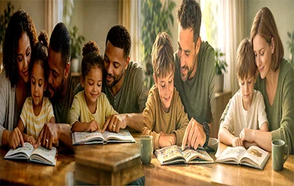 Family wellbeing moment with caregivers and children reading together at a table in a warm, calm home setting.