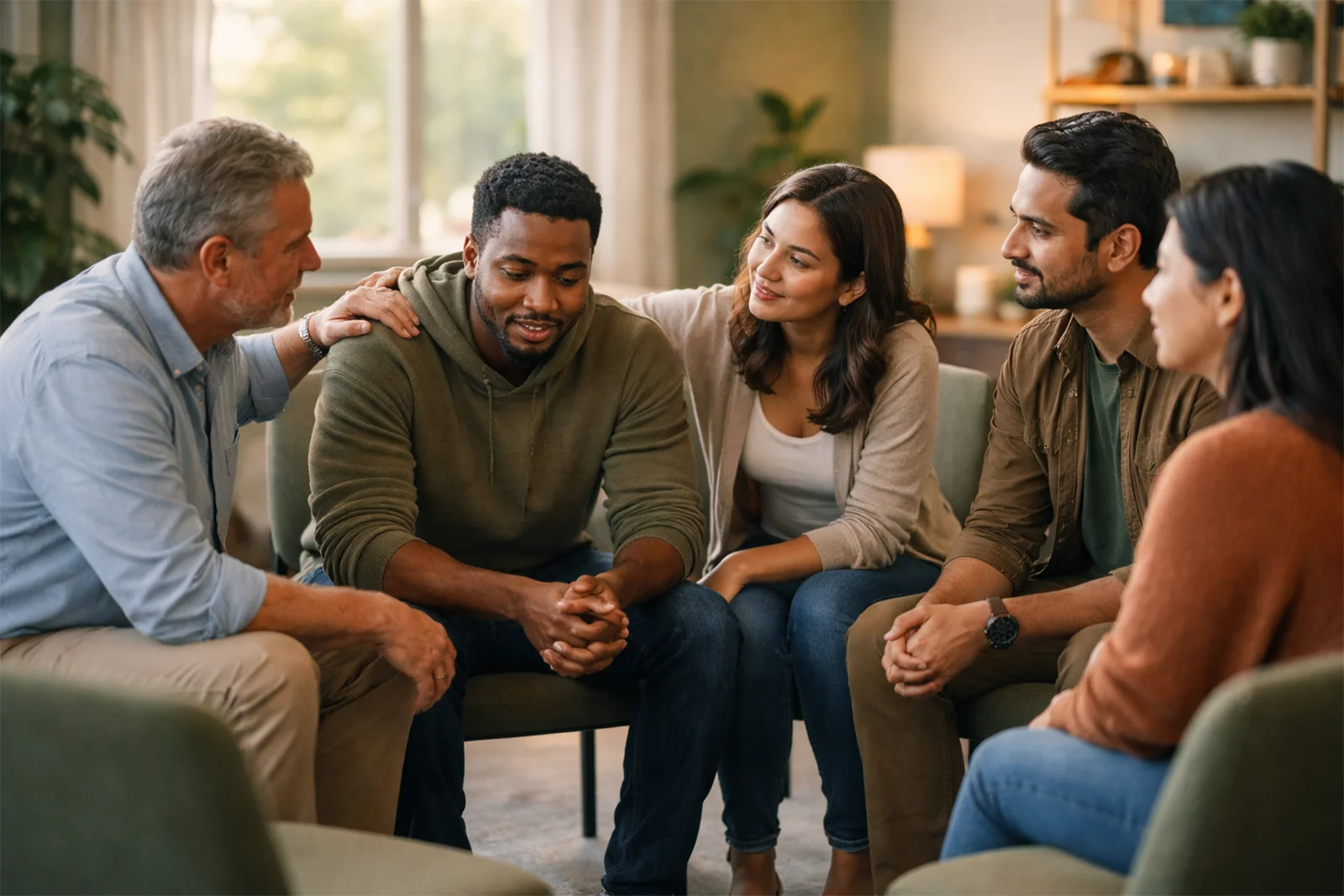 Small group seated in a supportive peer circle sharing conversation and encouragement.