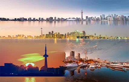 Toronto skyline collage across day and night, symbolizing hope, progress, and forward motion for women and youth.