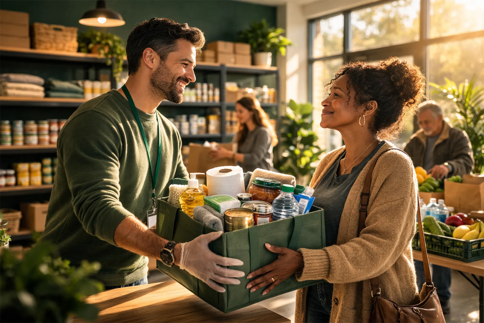 Volunteer handing a box of household essentials and supplies to a woman in a community support center.