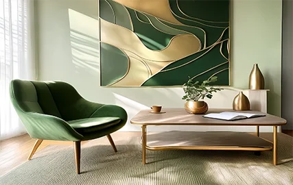 Calm counselling space with a green chair and welcoming seating, representing access to mental wellness support.