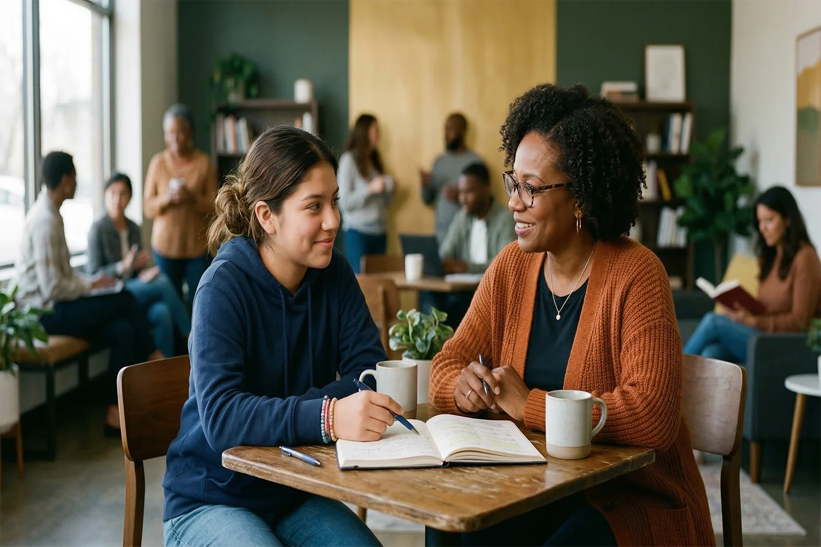 Mentor talking with a teenage youth at a table in a supportive community learning space.