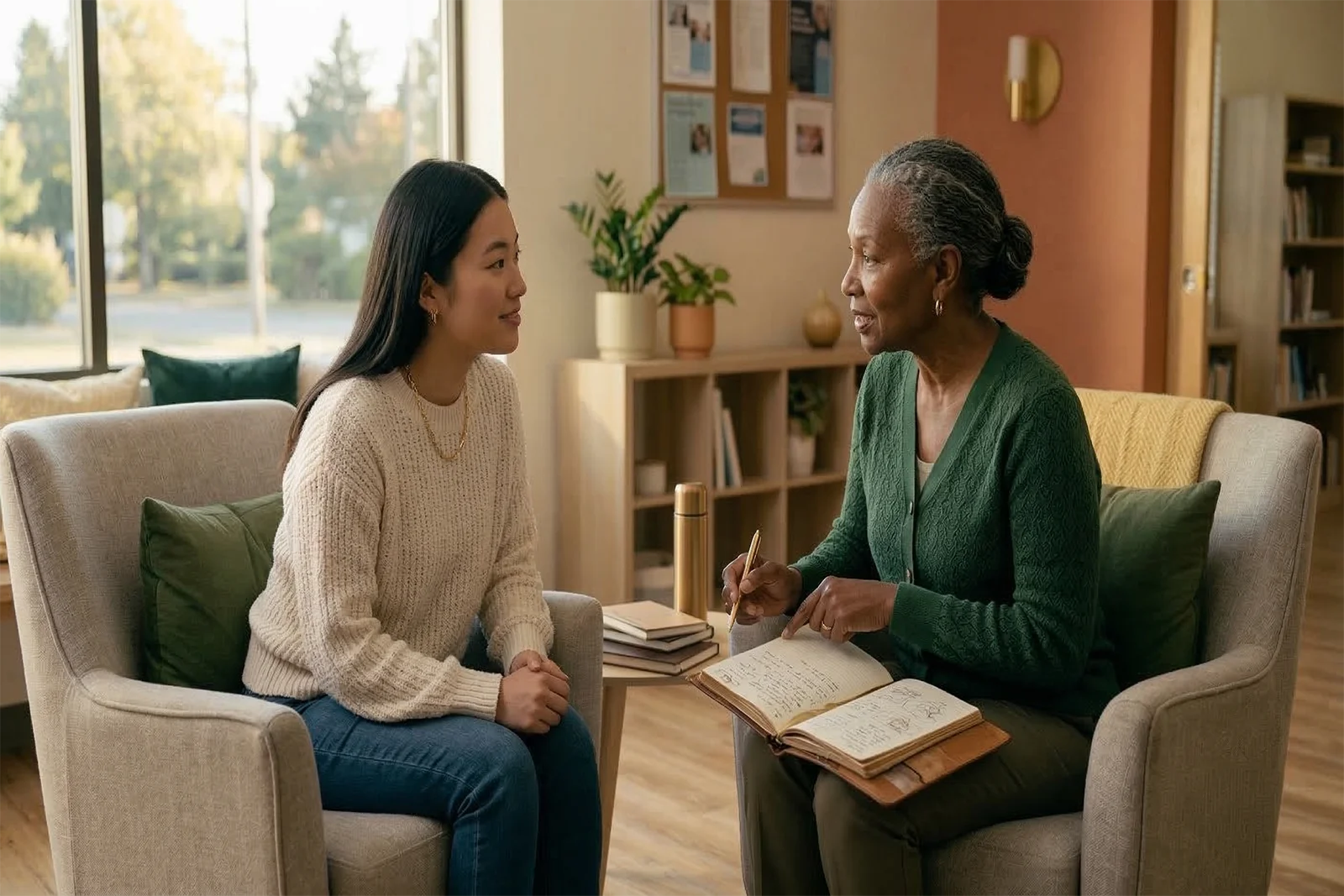 Two women engaged in a supportive mentoring conversation in a community space.