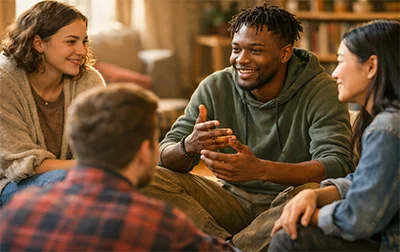 This image represents our Peer Support Circles, where individuals come together in a safe and welcoming environment to share experiences, listen to one another, and build meaningful connections. These circles foster trust, emotional support, and a strong sense of community.