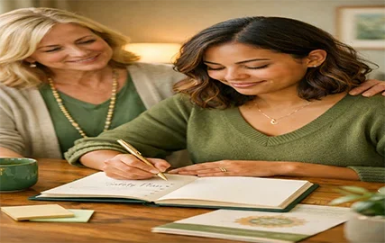 Woman writes a safety plan in a notebook while a supportive mentor sits beside her in a calm, welcoming setting.