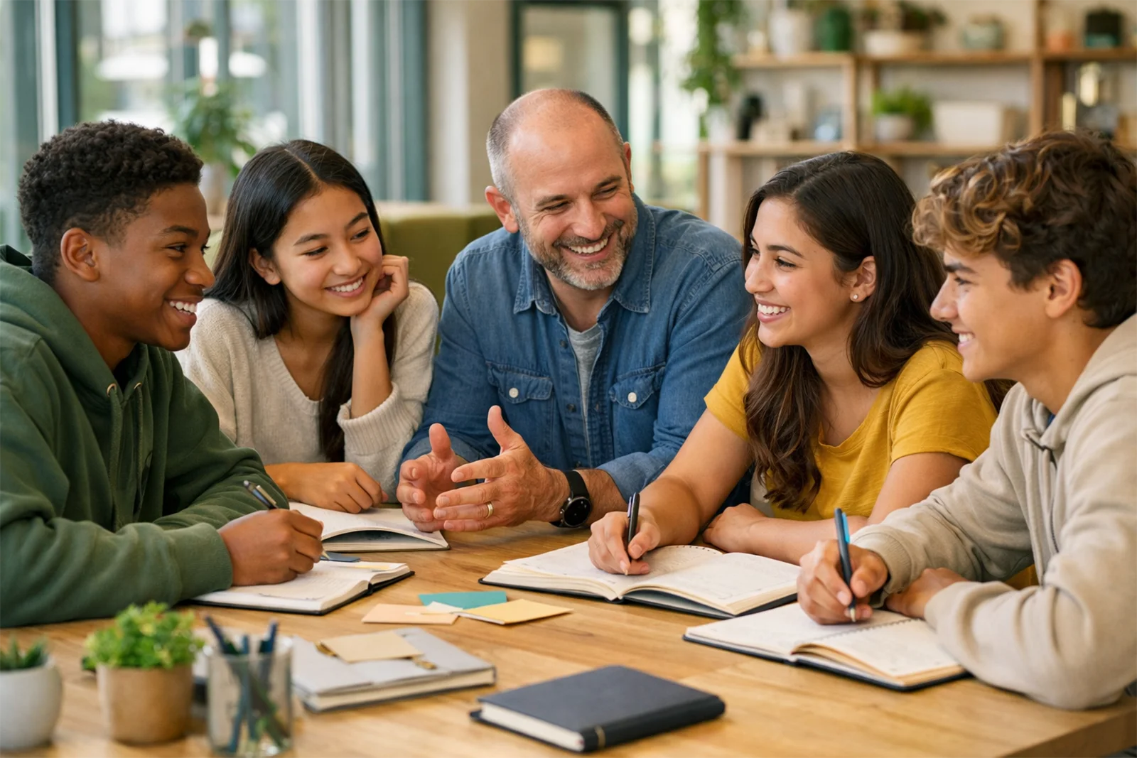 Teens working with a mentor around a table to plan goals and future opportunities.