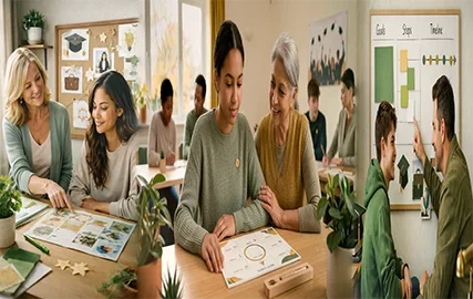 Youth and mentor reviewing a goal plan and next steps in a supportive classroom setting.