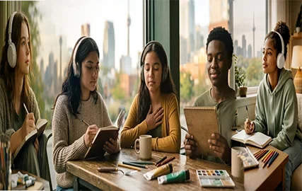 Youth resilience circle with teens journaling and listening together in a calm, supportive group setting.
