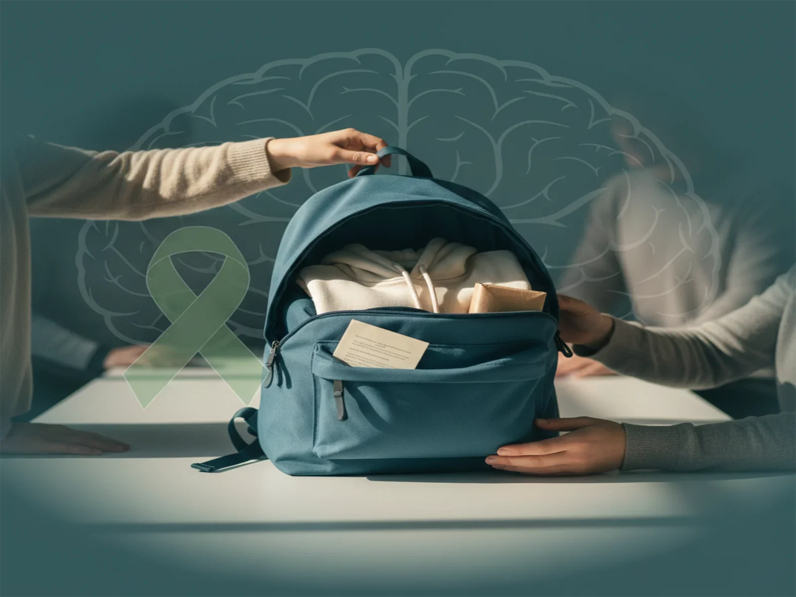 Hands offering an open backpack with support items, with a subtle brain outline and green ribbon in the background.